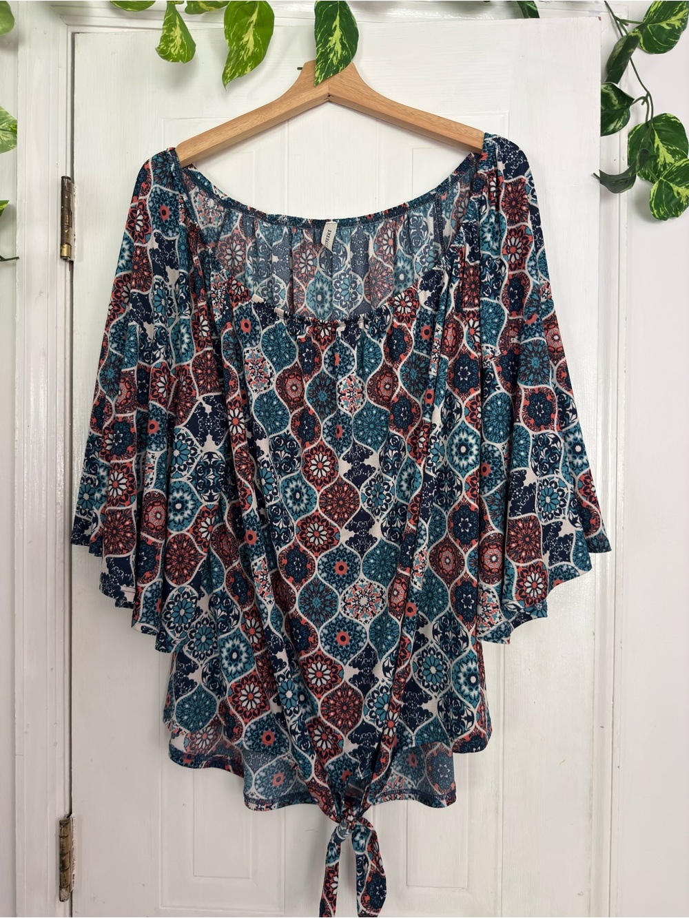 Emerald Boho Bell Sleeve Tie-Front Plus Size Top 2X